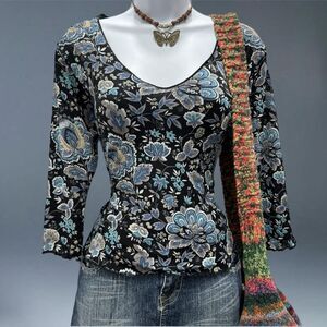 Old Navy Floral Lettuce Trim Top M Boho Y2K 90s Mesh Sheer Blouse Fairycore